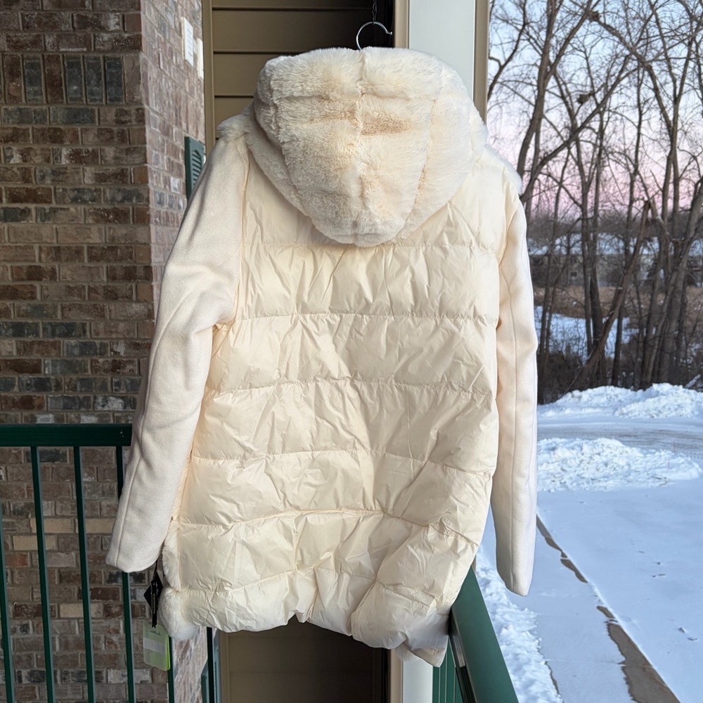 🆕❄️Sam Edelman Reversible Faux Fur Hooded Outwear Wool Coat Cream Jacket XL - Picture 4 of 17